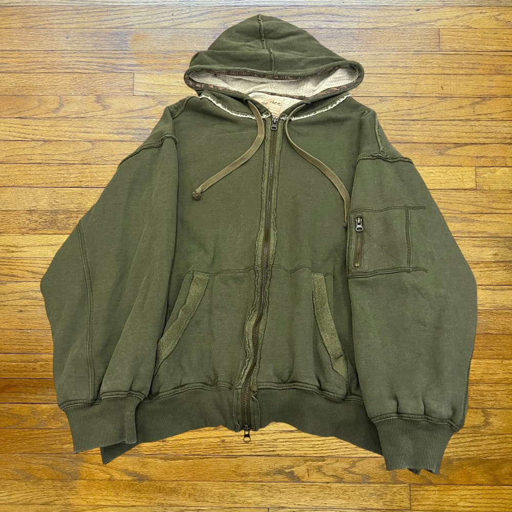 We The Free People Green Zip Up Hoodie Oversized Raw Seam Utility M